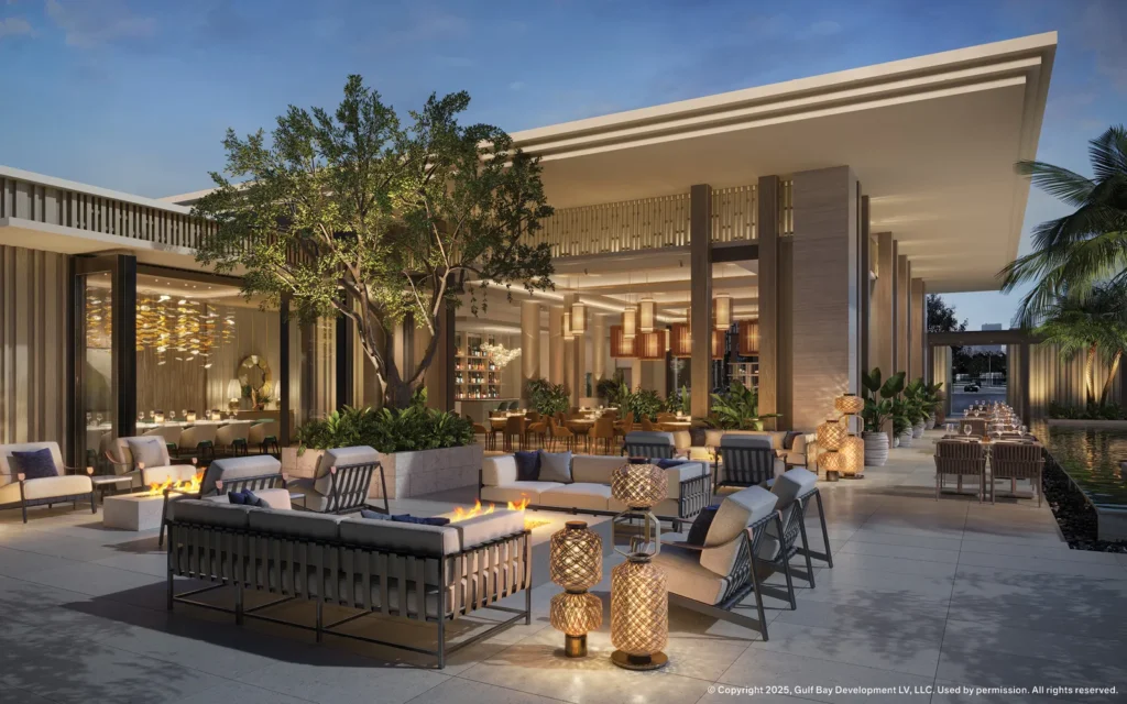 Rendering of the outdoor lounge and fire features at Epique at Pelican Bay