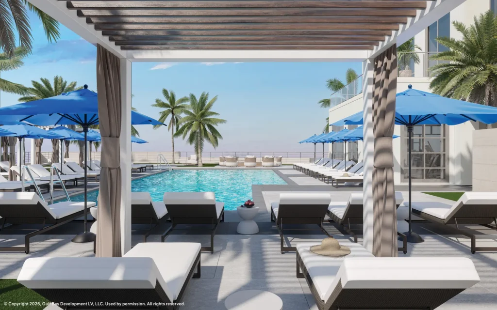 Rendering of the rooftop pool and cabanas at Epique at Pelican Bay