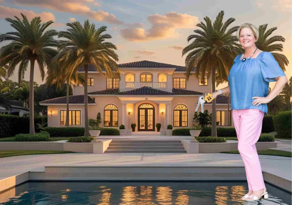 Renee Hahn holding house keys in front of a luxury Naples home at sunset