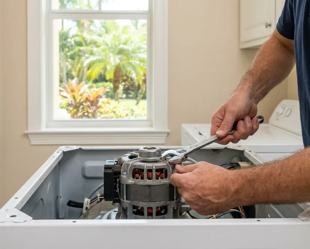 Repair technician fixing a washing machine motor