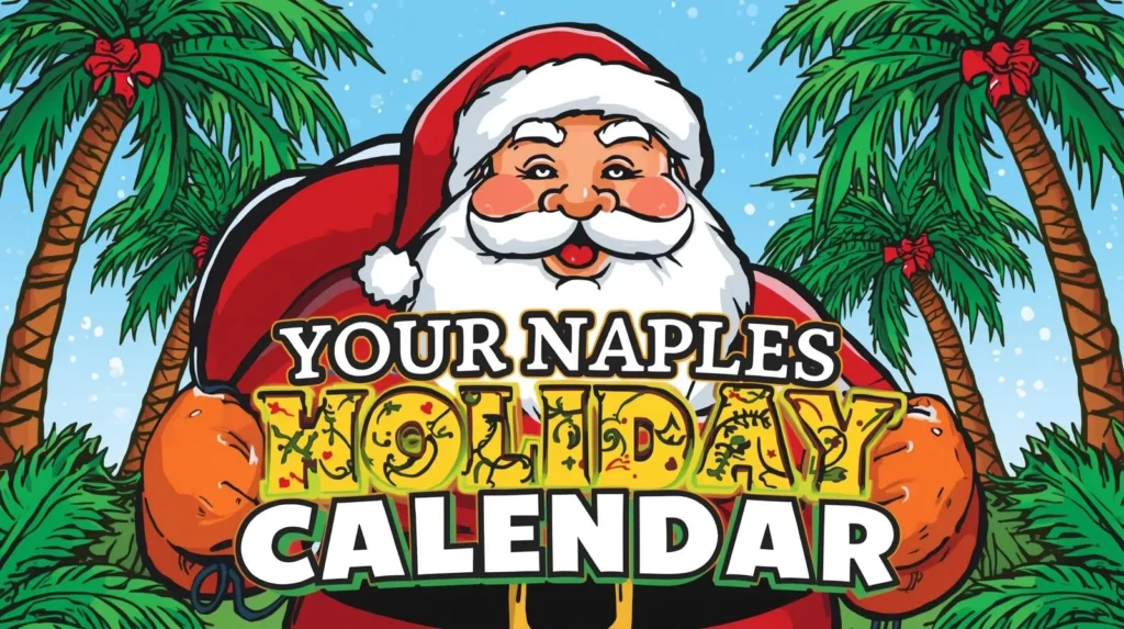 Santa with palm trees on the Your Naples Holiday Calendar graphic
