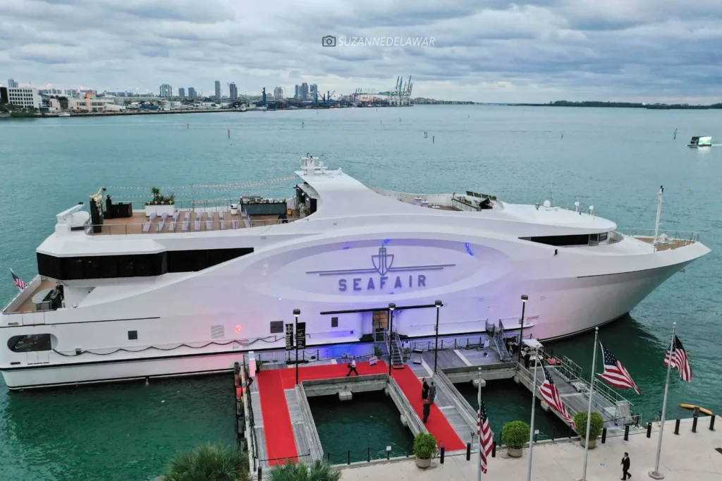 Seafair luxury event yacht docked with a red carpet