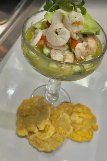 Shrimp ceviche cocktail with tostones at Paella's