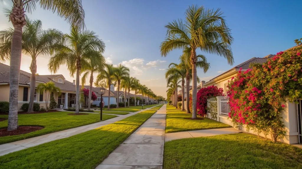 Sidewalk lined with palms and bougainvillea in a Florida neighborhood