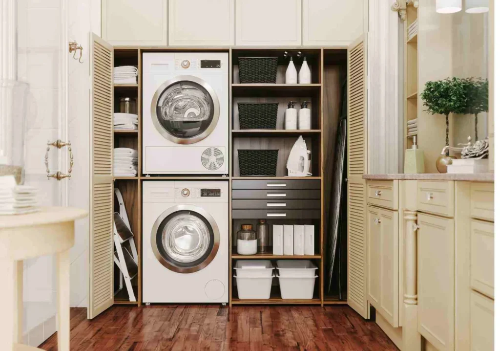 Stacked washer & dryer with laundry organizer in small laundry room