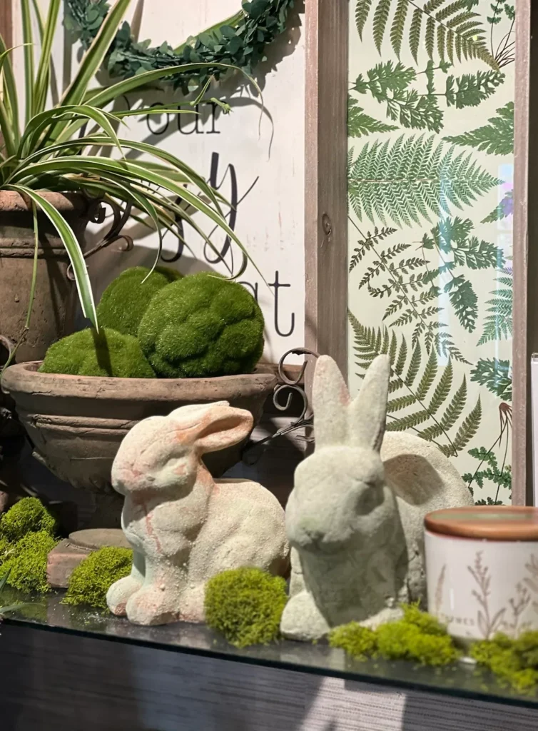 Stone bunny statues and greenery at 41 Home and Garden