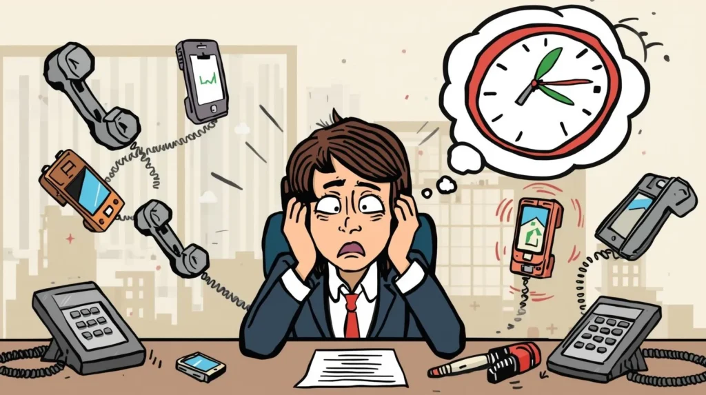 Stressed realtor surrounded by ringing phones and a clock
