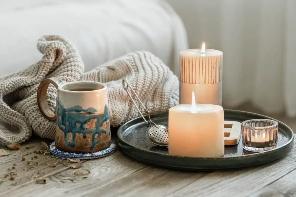 Tablescape with vanilla candles and coffee mug