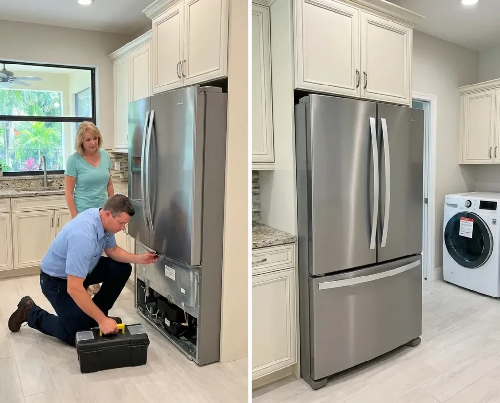 Technician repairing a stainless steel refrigerator in a Florida kitchen