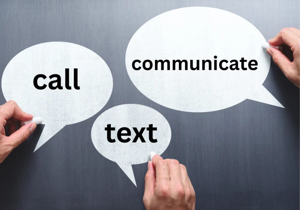Three call outs with the words, call, text, communicate
