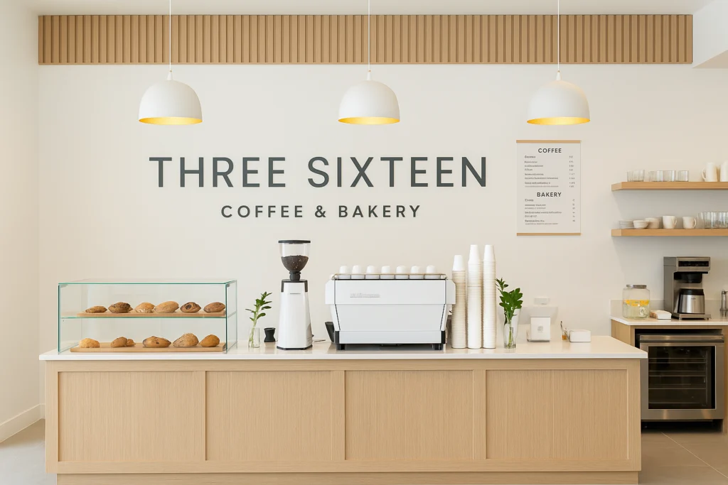 Three Sixteen Coffee and Bakery counter with pastries and espresso machine