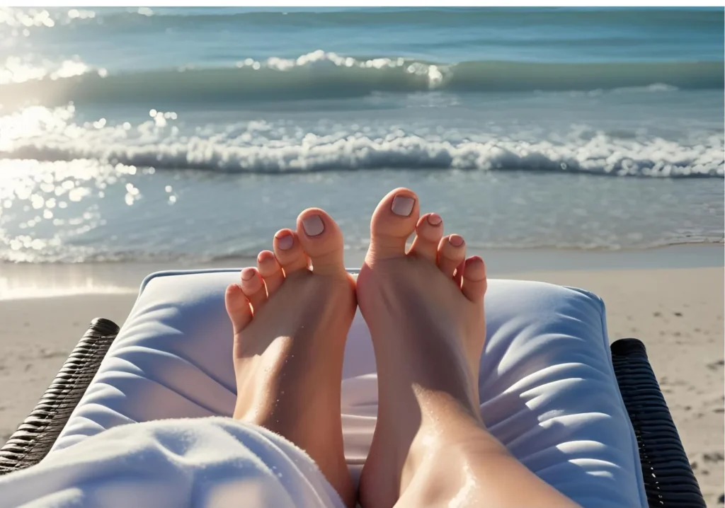 Toes on a lounge chair on the beach sand