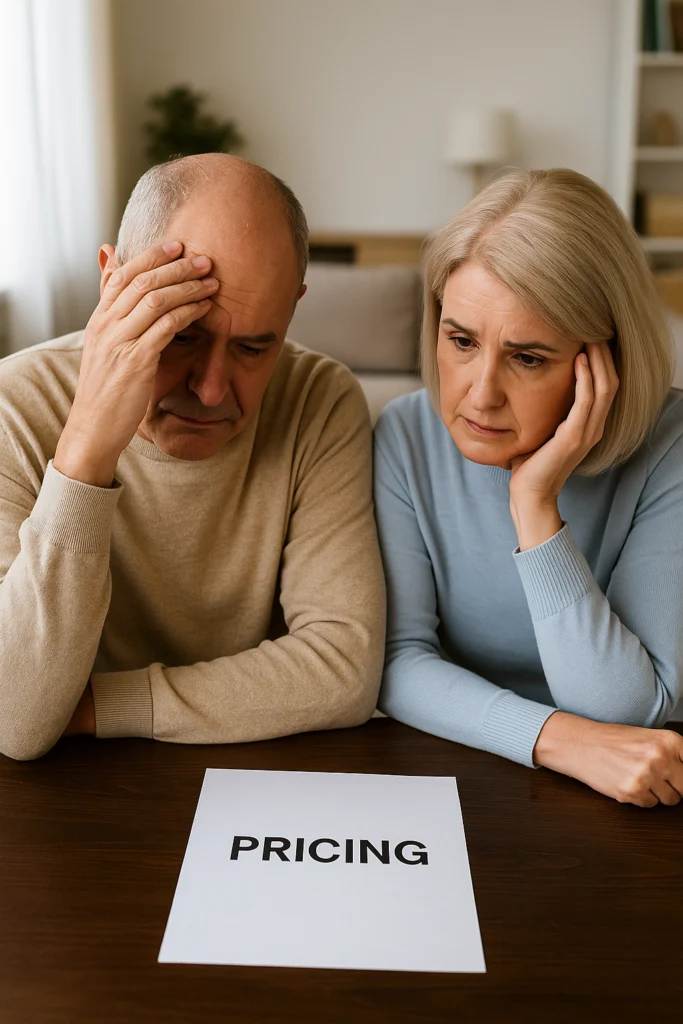 Two adults looking confused over pricing