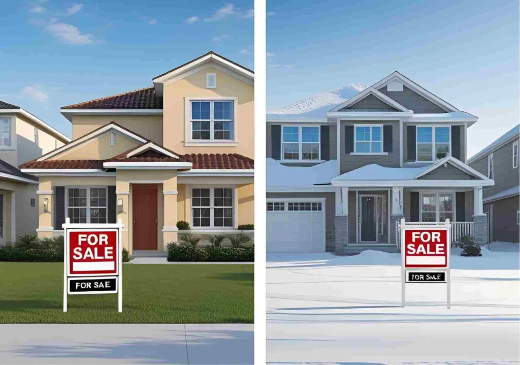 Two houses side by side one in winter and one in warm weather