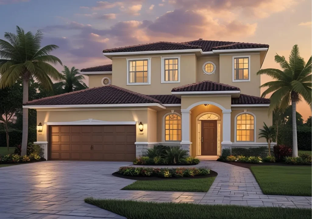 Two-story Naples home at sunset with a three-car garage