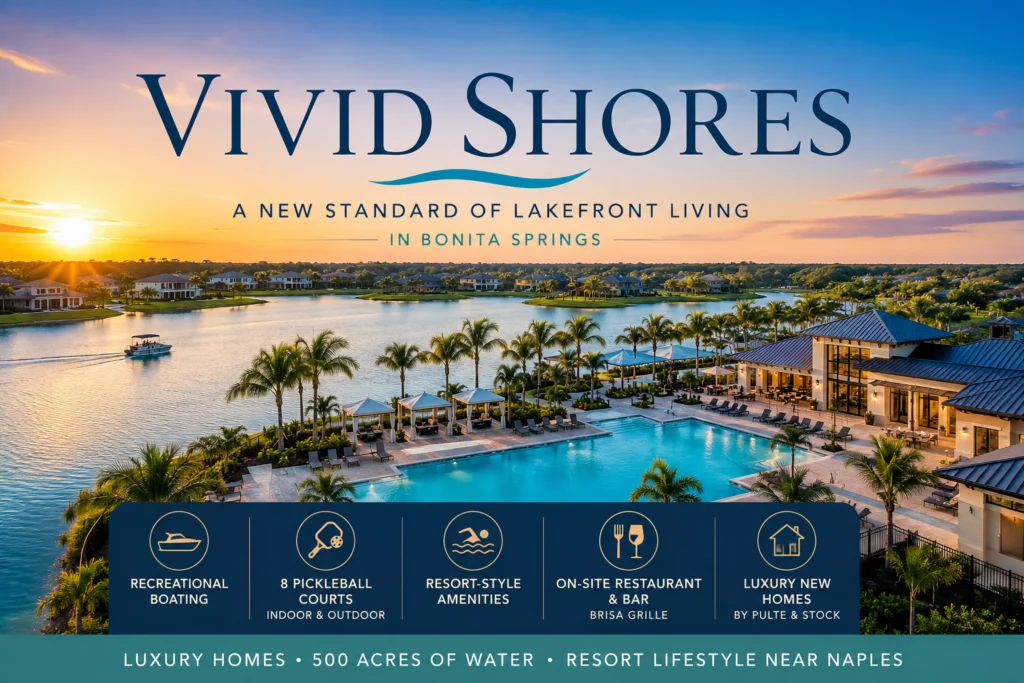 Vivid Shores lakefront community in Bonita Springs with resort pool and amenities