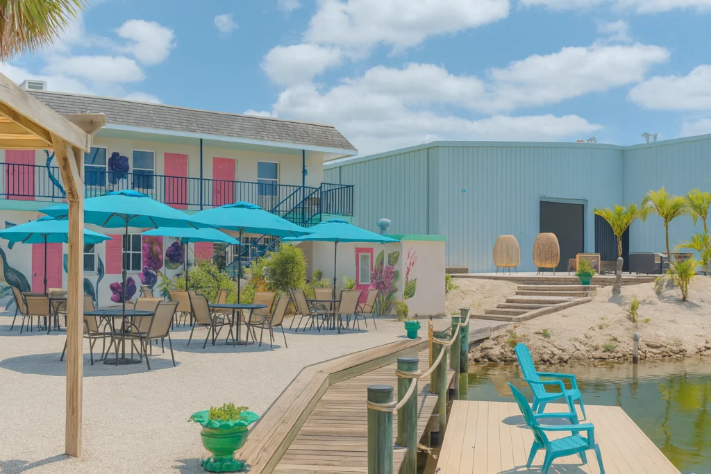 Waterfront patio with colorful umbrellas at Bayshore Bodega