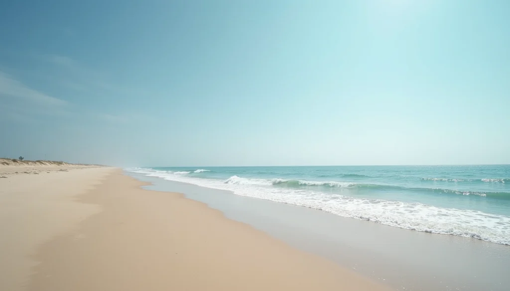Wide angle view of a calm beach with gentle waves and a clear sky