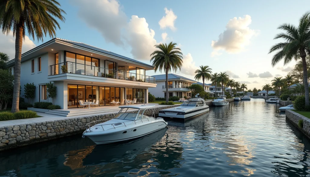 Wide angle view of a canal-front home with a boat dock in Naples