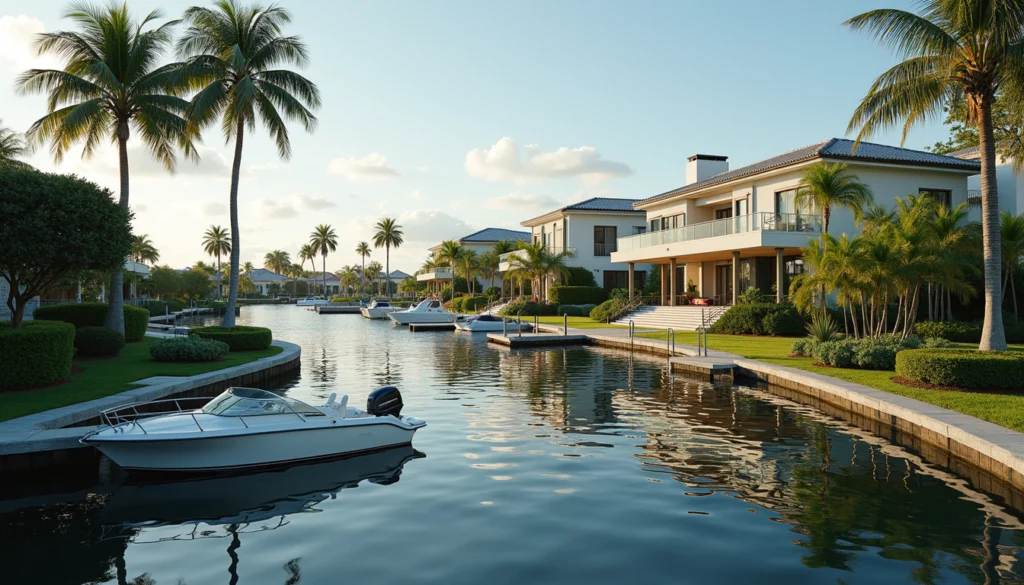 Wide angle view of a canal-front home with a boat dock in Naples