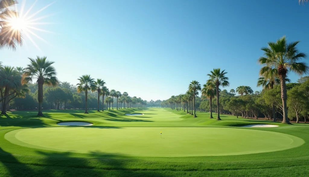 Wide angle view of a green golf course with palm trees under a clear blue sky