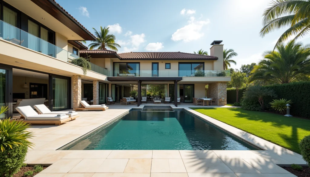 Wide angle view of a luxury home with a landscaped garden and pool in Naples