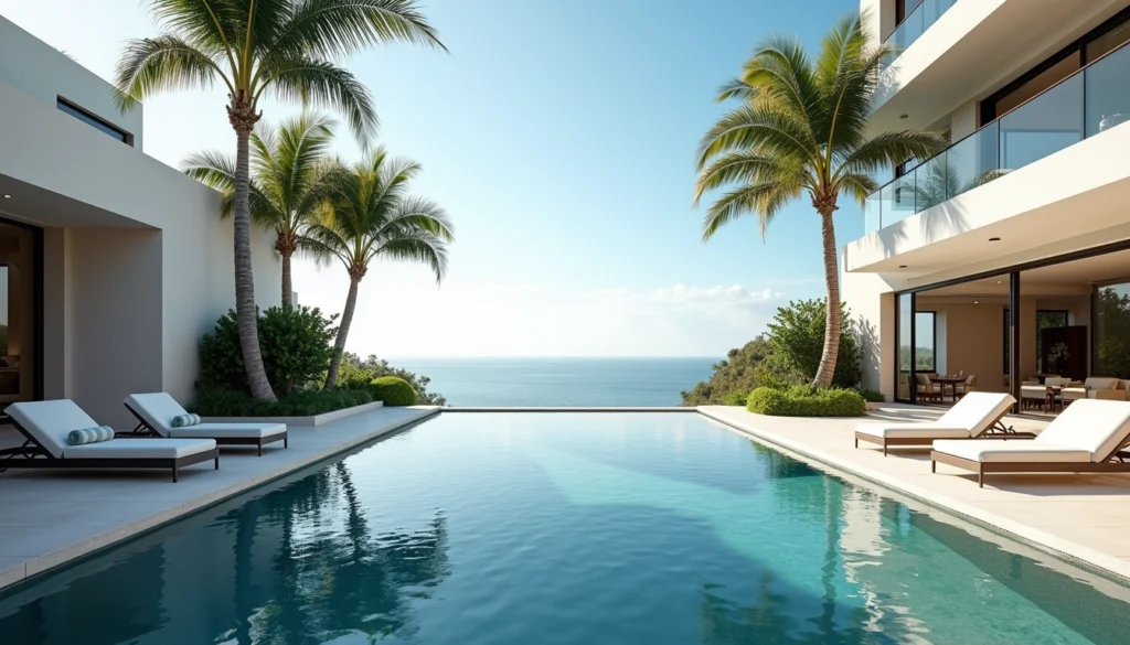 Wide angle view of a luxury home’s outdoor pool area with palm trees in Naples