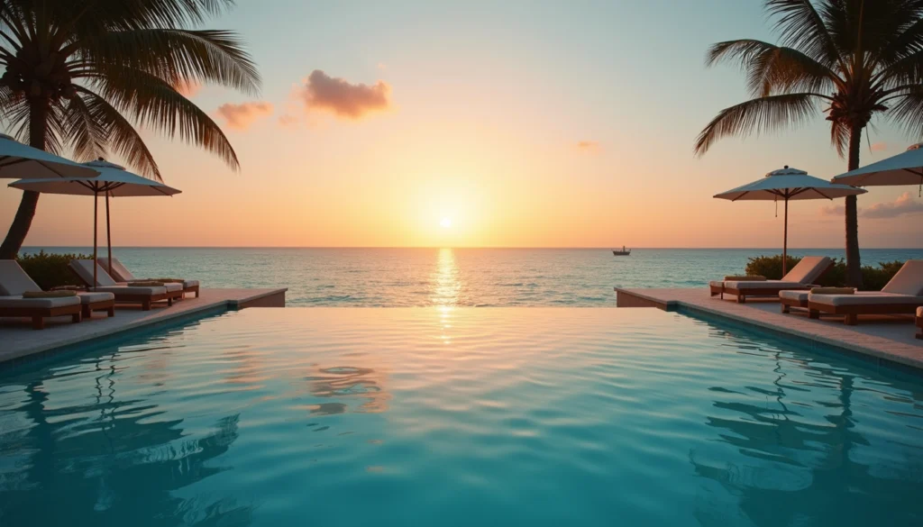 Wide angle view of a luxury pool overlooking the Gulf of Mexico at sunset
