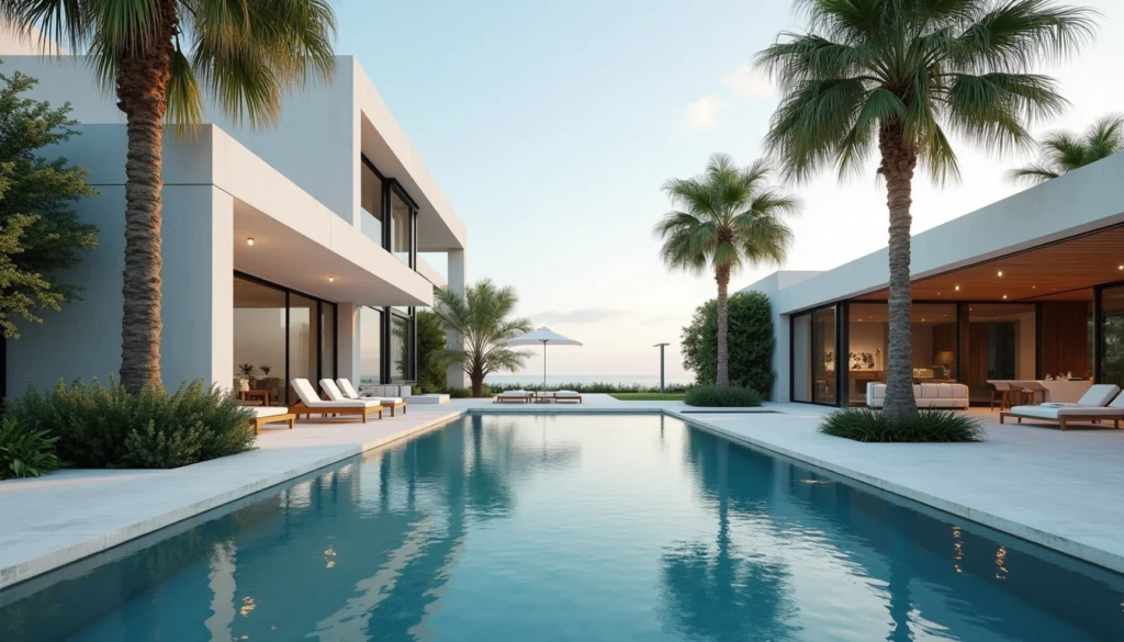 Wide angle view of a modern luxury home with a pool and palm trees