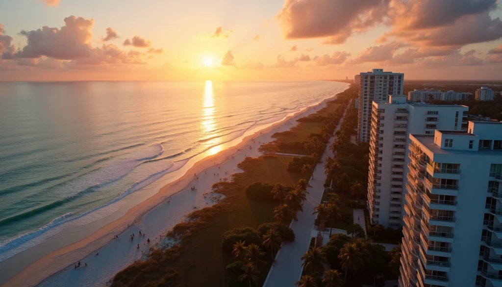 Wide angle view of a Naples beachfront condominium complex at sunset