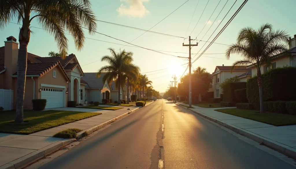 Wide angle view of a quiet residential street in a Naples neighborhood