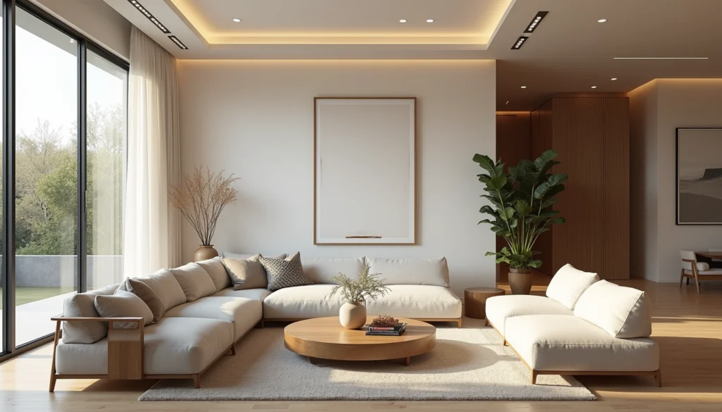 Wide angle view of a spacious vacation home living room with modern decor