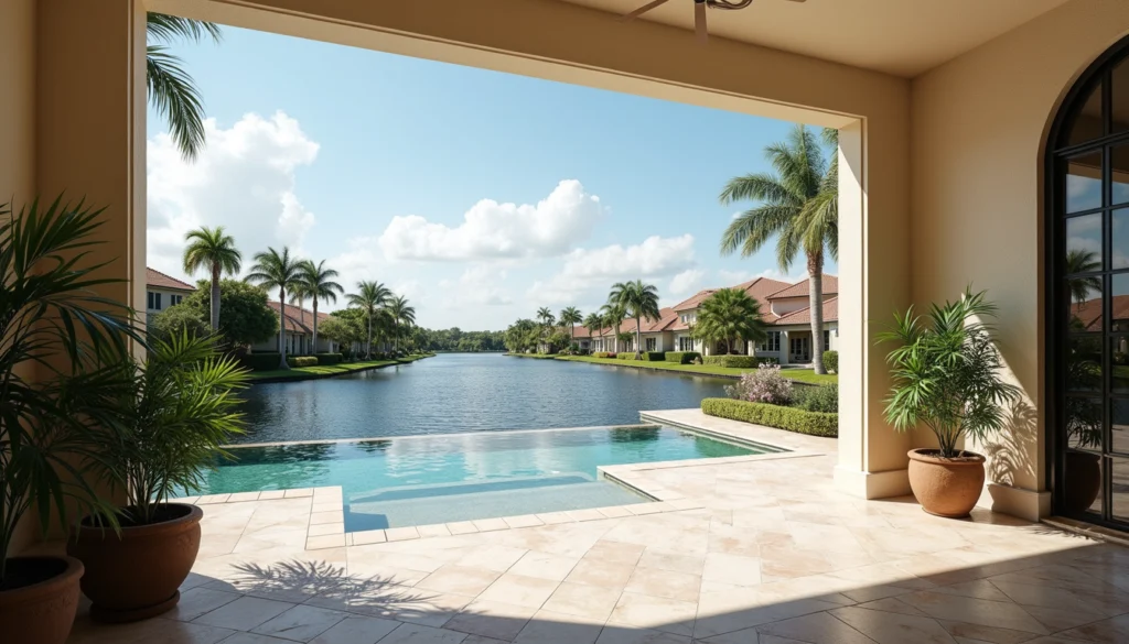 Wide angle view of a waterfront home patio overlooking calm canal waters in Naples