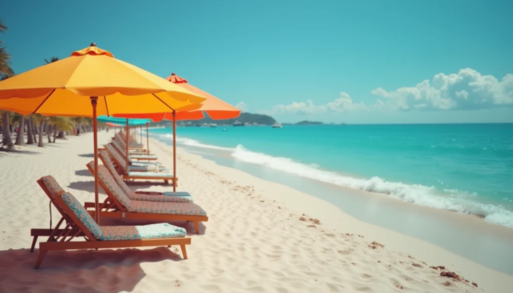 Wide angle view of beach with colorful umbrellas