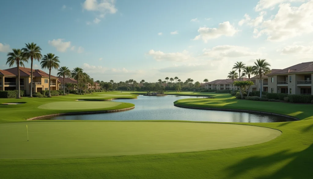 Wide angle view of luxury golf course community in Naples
