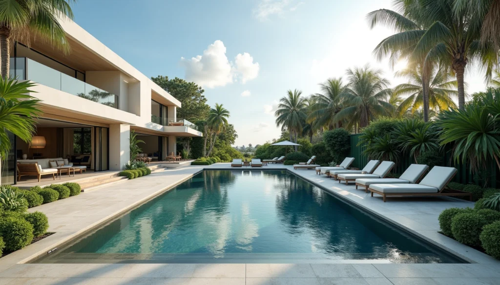 Wide angle view of luxury home with pool and tropical landscaping