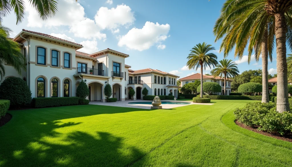 Wide angle view of luxury Naples neighborhood with manicured lawns