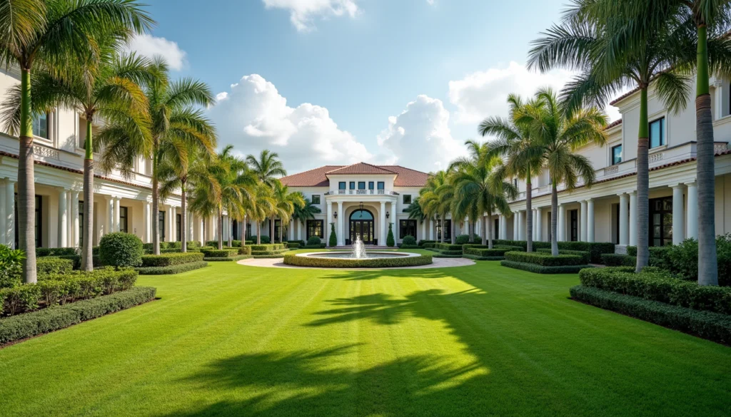 Wide angle view of luxury Naples neighborhood with manicured lawns