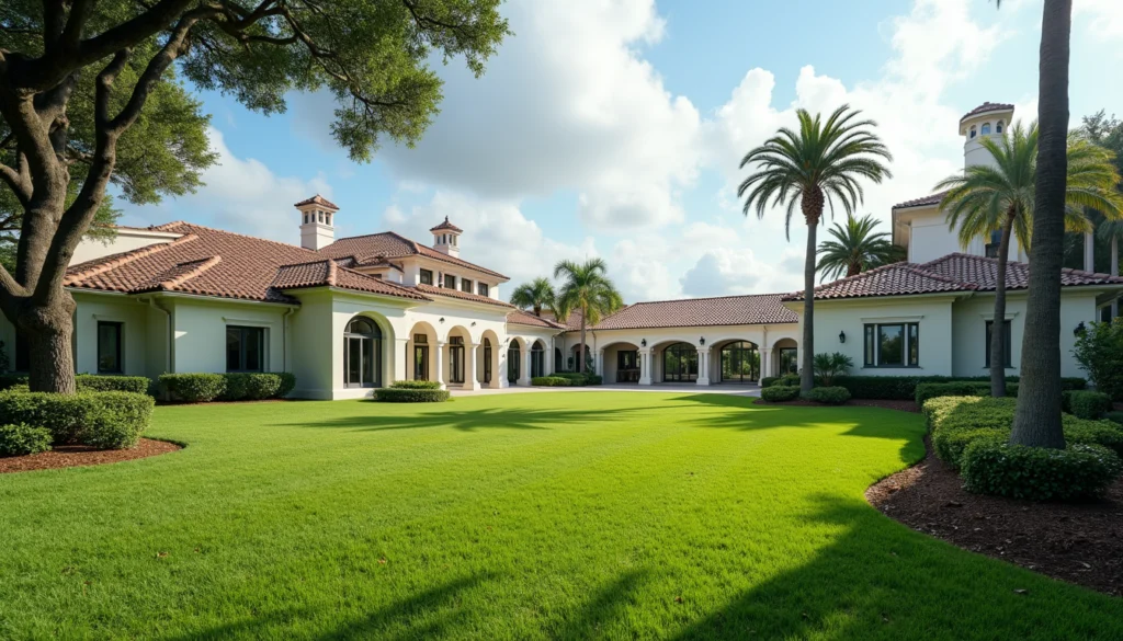 Wide angle view of luxury Naples neighborhood with manicured lawns