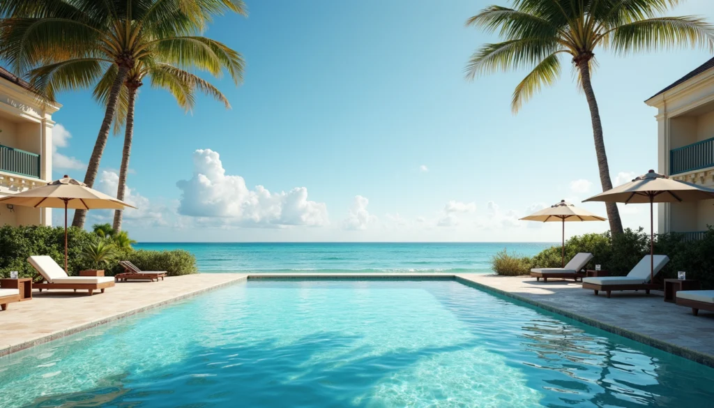 Wide angle view of Naples Beach Club pool area with ocean in the background