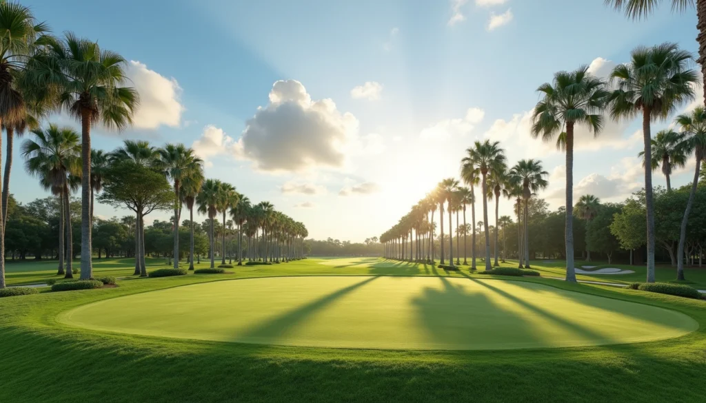 Wide angle view of Naples Florida golf course with palm trees