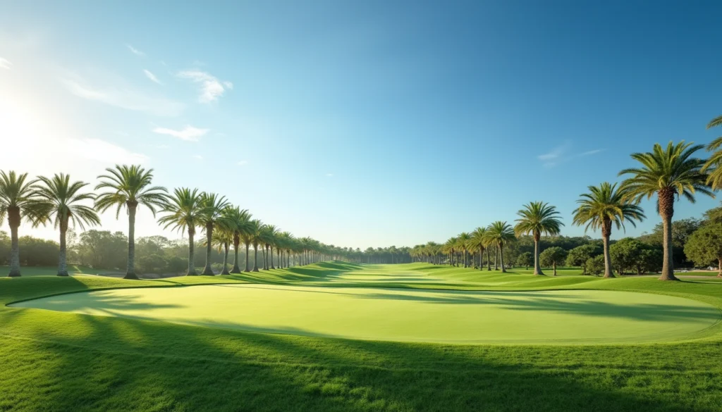 Wide angle view of Naples golf course with palm trees and blue sky
