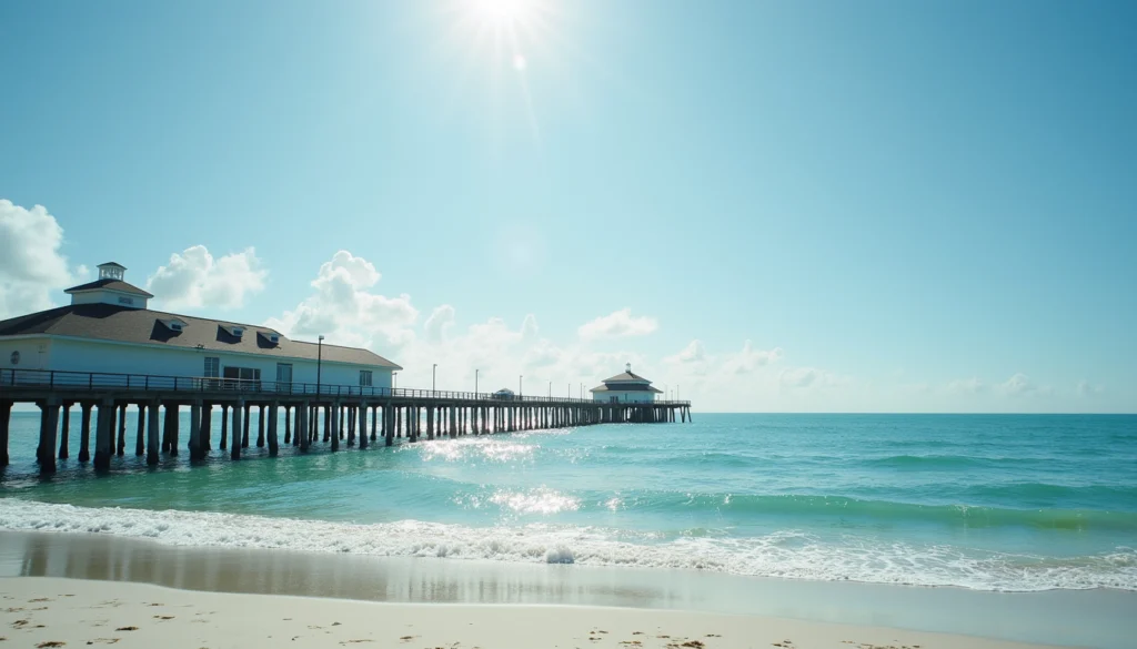 Wide angle view of Naples Pier stretching into the Gulf of Mexico