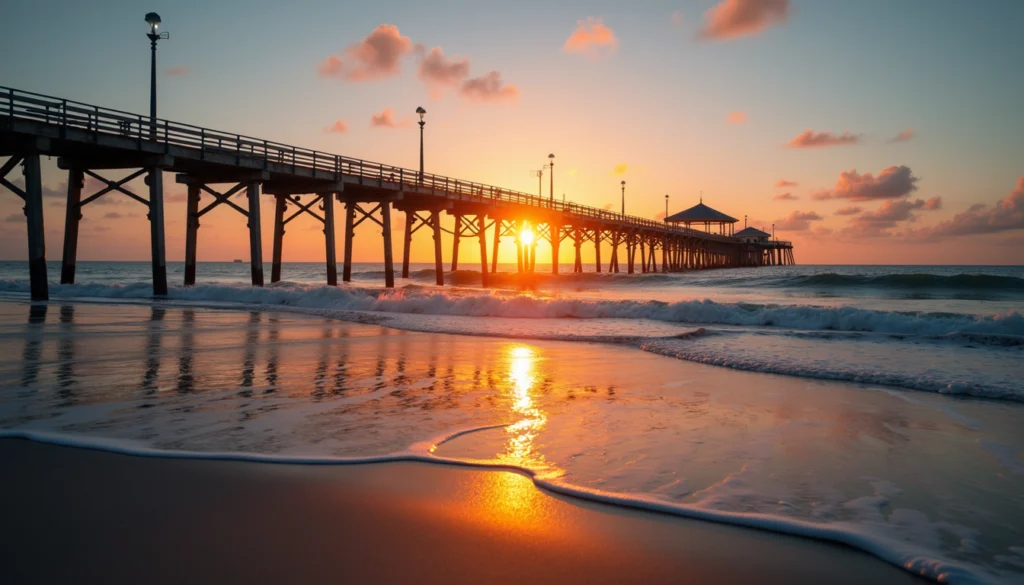 Wide angle view of the Naples Pier at sunset