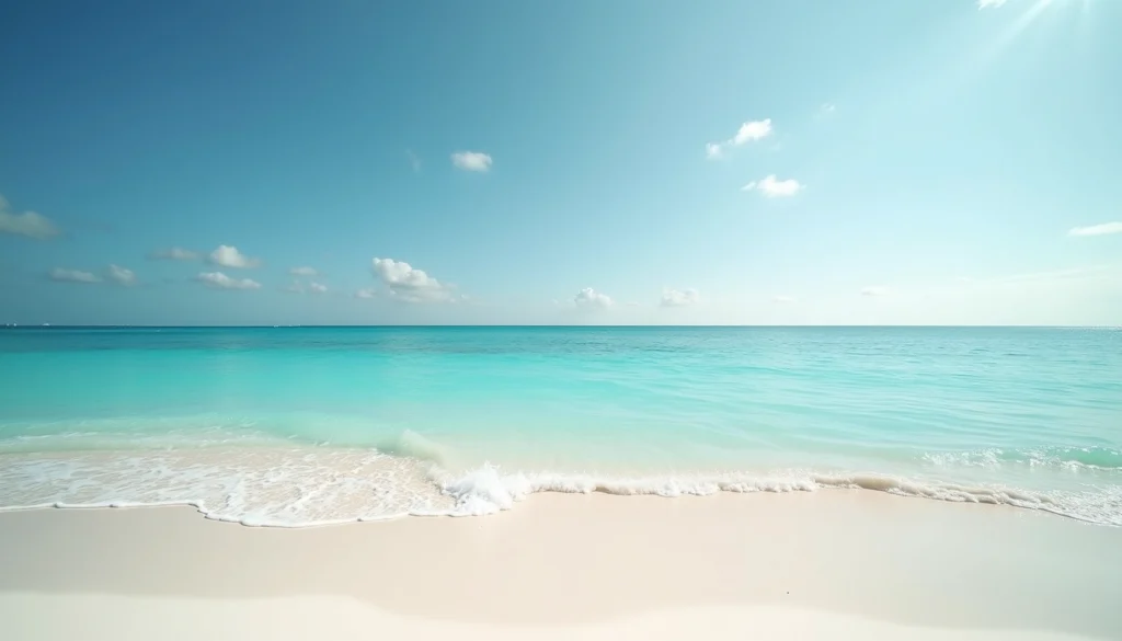 Wide angle view of white sandy beach with calm turquoise water