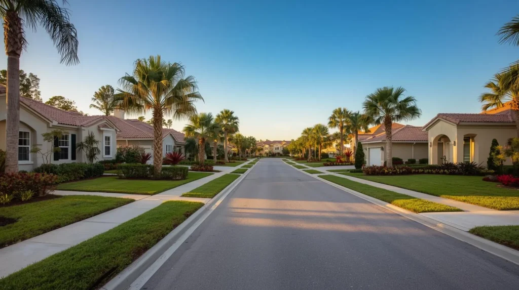 Wide palm-lined boulevard through a Naples residential community