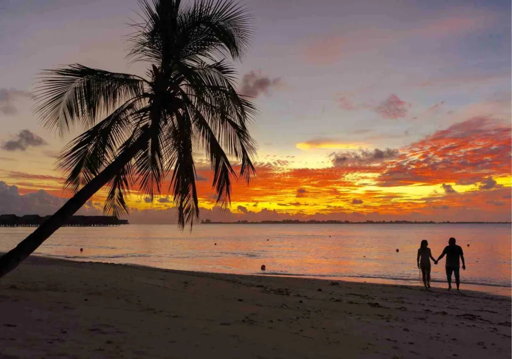 Wide view of couple walking on beach at dusk sunset