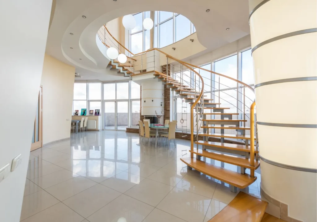 Winding staircase in an open-concept home