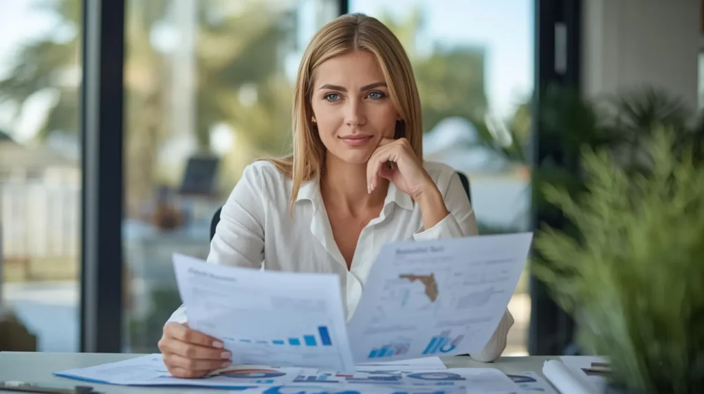 Woman at a desk looking at reports.