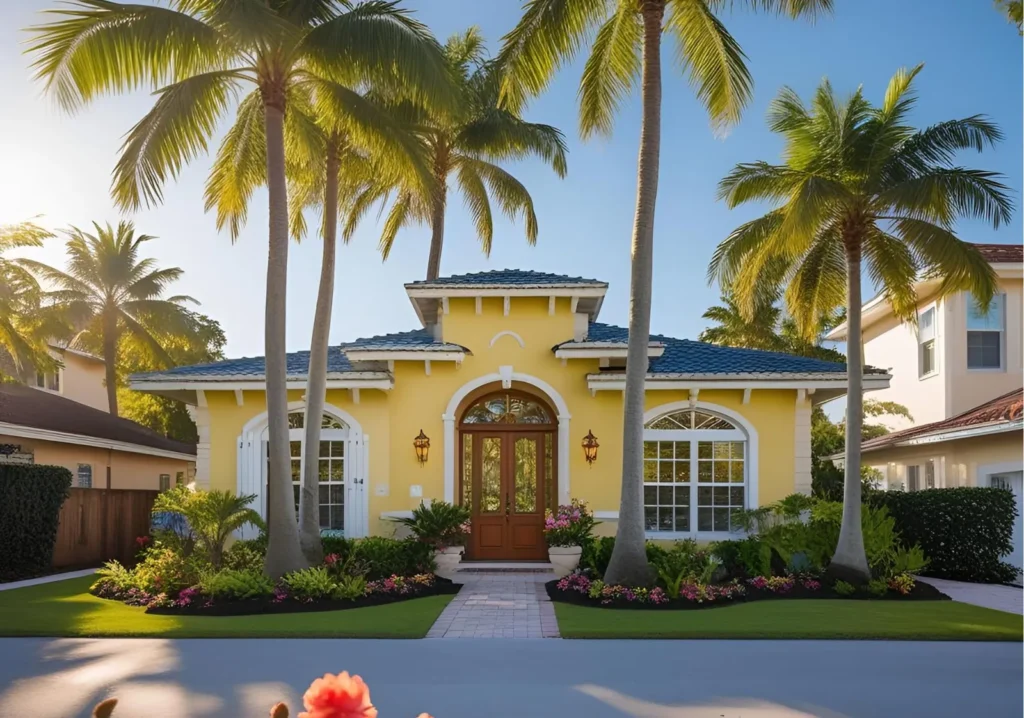 Yellow Naples home with palm trees and a wood front door